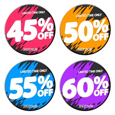 İndirim pankartları tasarım şablonu, indirim etiketleri, uygulama simgeleri, vektör illüstrasyonunu ayarla