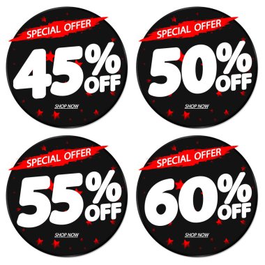 İndirim pankartları tasarım şablonu, indirim etiketleri, uygulama simgeleri, vektör illüstrasyonunu ayarla