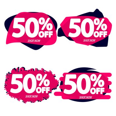 İndirimi% 50 indirimli etiketler, balon pankartları tasarım şablonu, uygulama simgeleri, vektör illüstrasyonunu ayarla