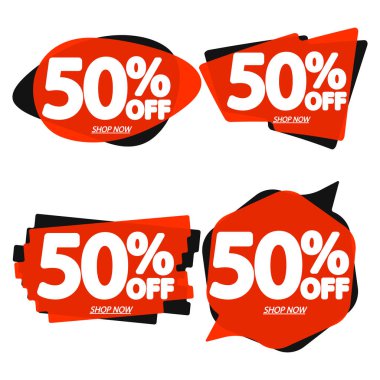 İndirimi% 50 indirimli etiketler, balon pankartları tasarım şablonu, uygulama simgeleri, vektör illüstrasyonunu ayarla