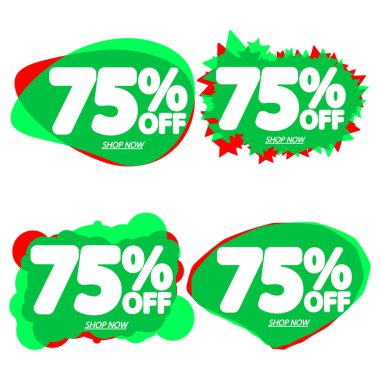 İndirimi% 75 indirimli etiketler, balon pankartları tasarım şablonu, uygulama simgeleri, vektör illüstrasyonunu ayarla