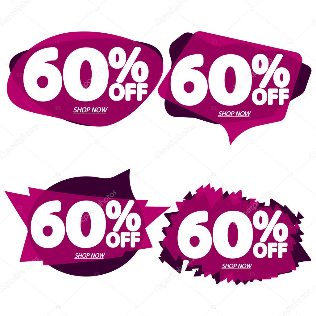 Set Sale 60% off tags, bubble banners design template, app icons, vector illustration