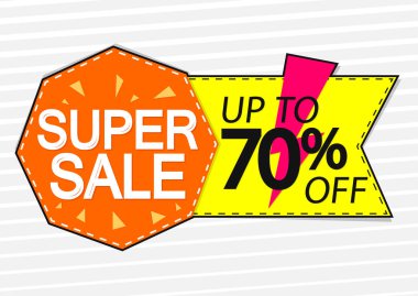 Süper Satış,% 70 'e kadar indirim, pankart tasarımı şablonu, indirim etiketi, uygulama simgesi, vektör illüstrasyonu