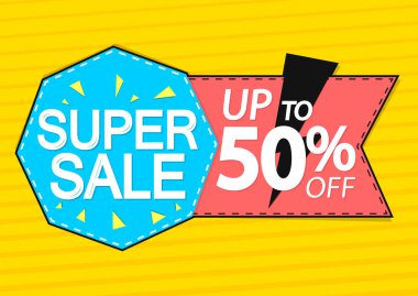 Süper Satış,% 50 indirimli, pankart tasarım şablonu, indirim etiketi, uygulama simgesi, vektör illüstrasyonu