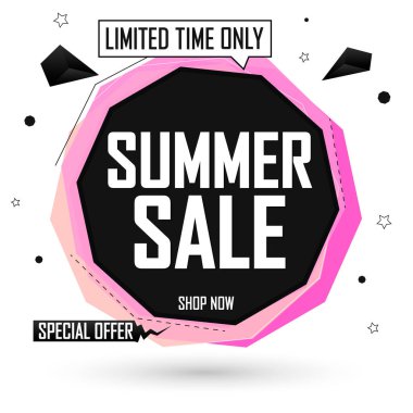 Yaz indirimi etiketi, balon pankartı tasarım şablonu, sınırlı anlaşma, uygulama simgesi, vektör illüstrasyonu