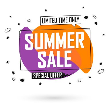 Yaz indirimi etiketi, balon pankartı tasarım şablonu, sınırlı anlaşma, uygulama simgesi, vektör illüstrasyonu