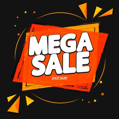Mega Satış, pankart tasarım şablonu, indirim etiketi, özel teklif, tanıtım etiketi, harcayın ve daha fazla biriktirin, promosyon posteri, vektör illüstrasyonu