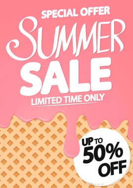 Yaz indirimi% 50 'ye varan indirim, poster tasarım şablonu, sezonun en iyi teklifi, indirimli afiş, vektör ilüstrasyonu
