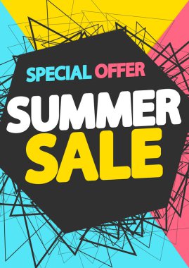 Yaz Satışı, indirimli poster tasarım şablonu, özel teklif, harcayın ve daha fazla tasarruf edin, vektör illüstrasyonu