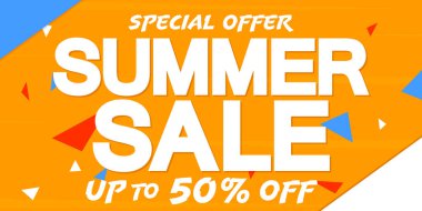 Yaz indirimi% 50 'ye varan indirim, poster tasarım şablonu, sezonun en iyi teklifi, indirimli afiş, vektör ilüstrasyonu