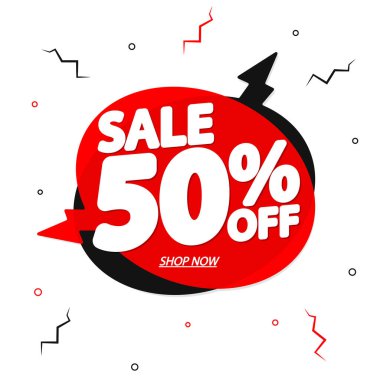 % 50 indirim, konuşma balonu afişi, indirimli etiket tasarım şablonu, özel teklif, uygulama simgesi, vektör illüstrasyonu