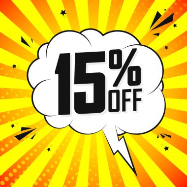 % 15 indirim etiketi, konuşma balonu tasarım şablonu, özel teklif, indirim etiketi, uygulama simgesi, vektör illüstrasyonu