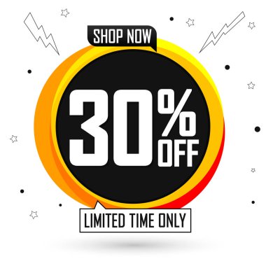 % 30 indirim, balon pankartı tasarım şablonu, indirim etiketi, özel teklif, en düşük anlaşma, harcayıp daha fazla tasarruf, vektör ilüstrasyonu