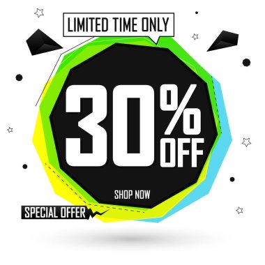 % 30 indirim, balon pankartı tasarım şablonu, indirim etiketi, özel teklif, en düşük anlaşma, harcayıp daha fazla tasarruf, vektör ilüstrasyonu
