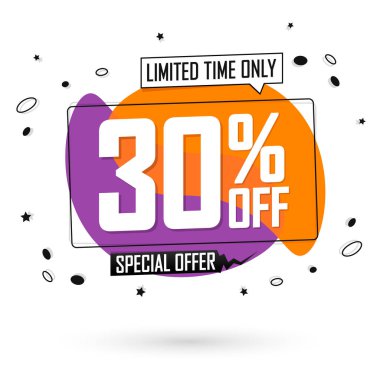 % 30 indirim, balon pankartı tasarım şablonu, indirim etiketi, özel teklif, en düşük anlaşma, harcayıp daha fazla tasarruf, vektör ilüstrasyonu