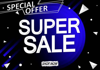 Süper Satış, indirimli poster tasarım şablonu, özel teklif, vektör illüstrasyonu