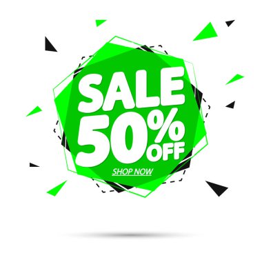 % 50 indirimli, pankart tasarım şablonu, indirim etiketi, özel teklif, harcayın ve daha fazla biriktirin, sezon sonu, vektör ilüstrasyonu