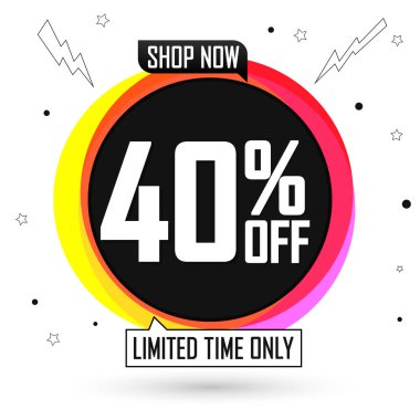 % 40 indirimli, balon pankartı tasarım şablonu, indirim etiketi, sadece sınırlı zaman, özel teklif, uygulama simgesi, vektör illüstrasyonu 