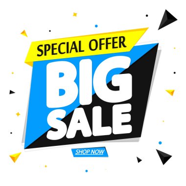 Büyük indirim, pankart tasarım şablonu, indirim etiketi, özel teklif, tanıtım etiketi, harcayın ve daha fazla biriktirin, promosyon posteri, vektör ilüstrasyonu