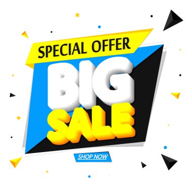 Büyük indirim, pankart tasarım şablonu, indirim etiketi, özel teklif, tanıtım etiketi, harcayın ve daha fazla biriktirin, promosyon posteri, vektör ilüstrasyonu