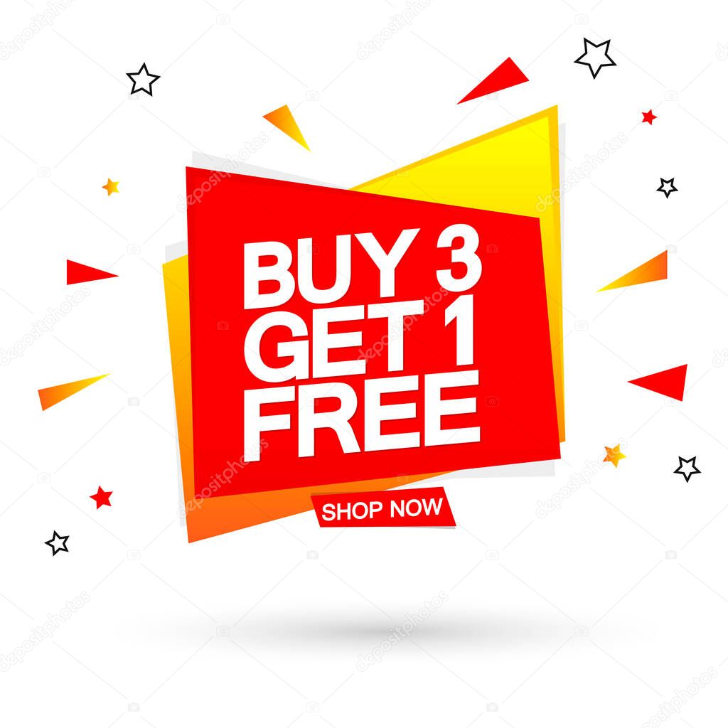Buy 3 Get 1 Free, special offer, Sale banner design template, discount tag, end of season, promo poster, special offer vector illustration