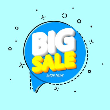 Büyük indirim, etiket tasarım şablonu, indirimli konuşma balonu afişi, uygulama simgesi, vektör illüstrasyonu