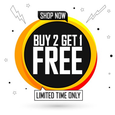 2 Al 1 Bedava, indirimli pankart tasarımı şablonu, indirimli etiket, uygulama simgesi, vektör illüstrasyonu
