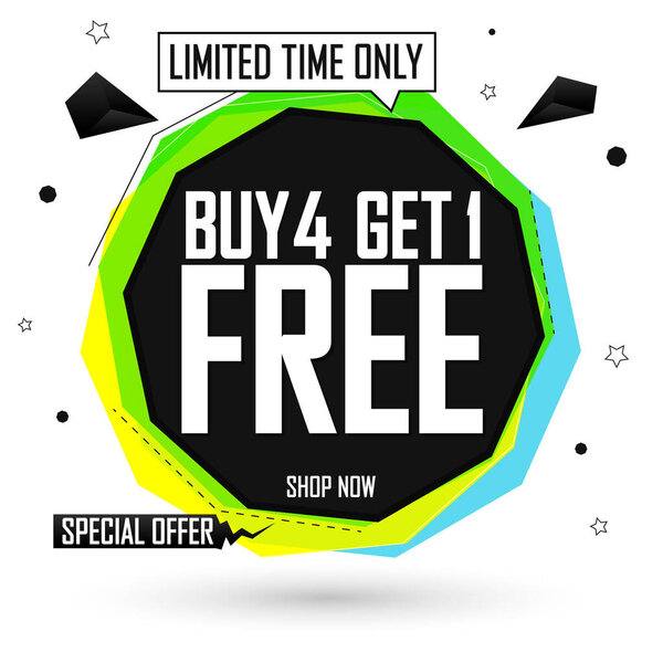 Buy 4 Get 1 Free, sale bubble banner design template, discount tag, app icon, векторная иллюстрация