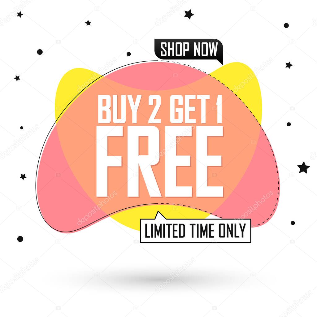 Buy 2 Get 1 Free, sale bubble banner design template, discount tag, app icon, vector illustration