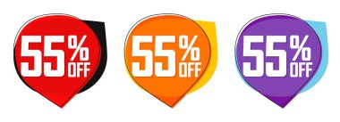 İndirimi% 55 indirimli etiketler, balon pankartları tasarım şablonu, uygulama simgeleri, sadece bugün, vektör illüstrasyonunu ayarla