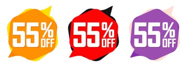 İndirimi% 55 indirimli etiketler, balon pankartları tasarım şablonu, uygulama simgeleri, sadece bugün, vektör illüstrasyonunu ayarla