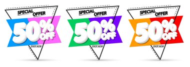 İndirimi% 50 indirimli pankartlar, indirimli etiketler tasarım şablonu, vektör illüstrasyonunu ayarla