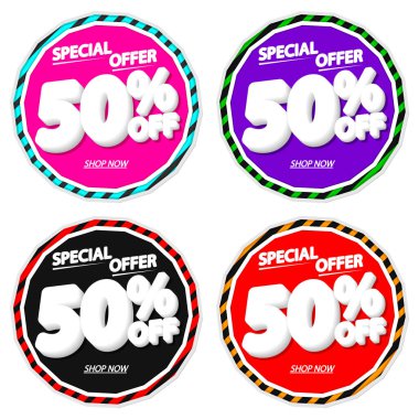 İndirimi% 50 indirimli pankartlar, indirimli etiketler tasarım şablonu, vektör illüstrasyonunu ayarla