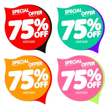 İndirimi% 75 indirimli konuşma balonu pankartları, indirimli etiketler tasarım şablonu, vektör illüstrasyonunu ayarla