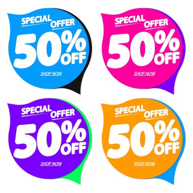 İndirimi% 50 indirimli konuşma balonu pankartları, indirimli etiketler tasarım şablonu, vektör illüstrasyonunu ayarla