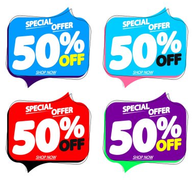 İndirimi% 50 indirimli konuşma balonu pankartları, indirimli etiketler tasarım şablonu, vektör illüstrasyonunu ayarla