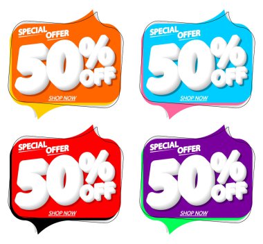 İndirimi% 50 indirimli konuşma balonu pankartları, indirimli etiketler tasarım şablonu, vektör illüstrasyonunu ayarla