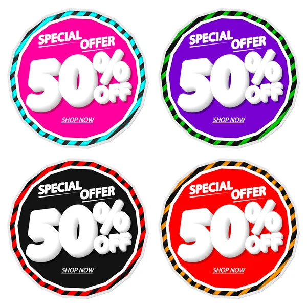 İndirimi% 50 indirimli pankartlar, indirimli etiketler tasarım şablonu, vektör illüstrasyonunu ayarla
