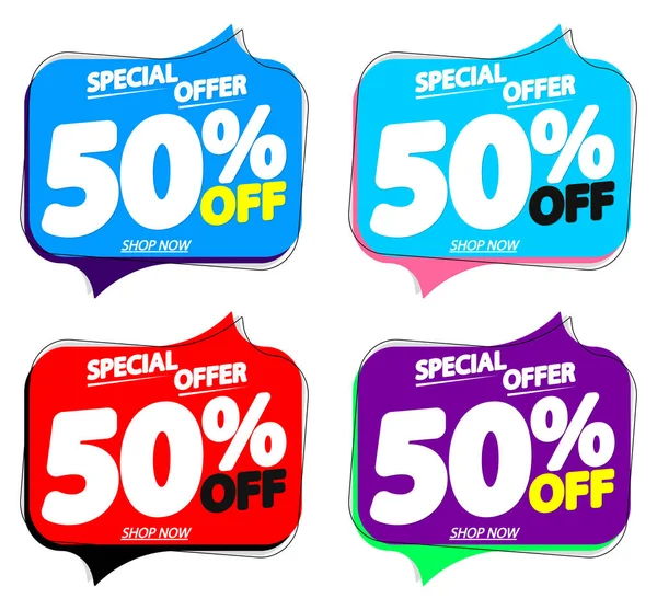 İndirimi% 50 indirimli konuşma balonu pankartları, indirimli etiketler tasarım şablonu, vektör illüstrasyonunu ayarla