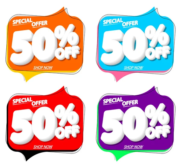 İndirimi% 50 indirimli konuşma balonu pankartları, indirimli etiketler tasarım şablonu, vektör illüstrasyonunu ayarla