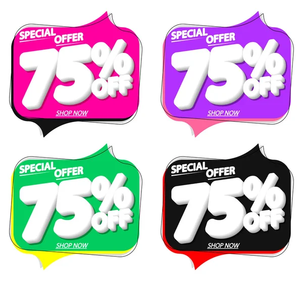 İndirimi% 75 indirimli konuşma balonu pankartları, indirimli etiketler tasarım şablonu, vektör illüstrasyonunu ayarla