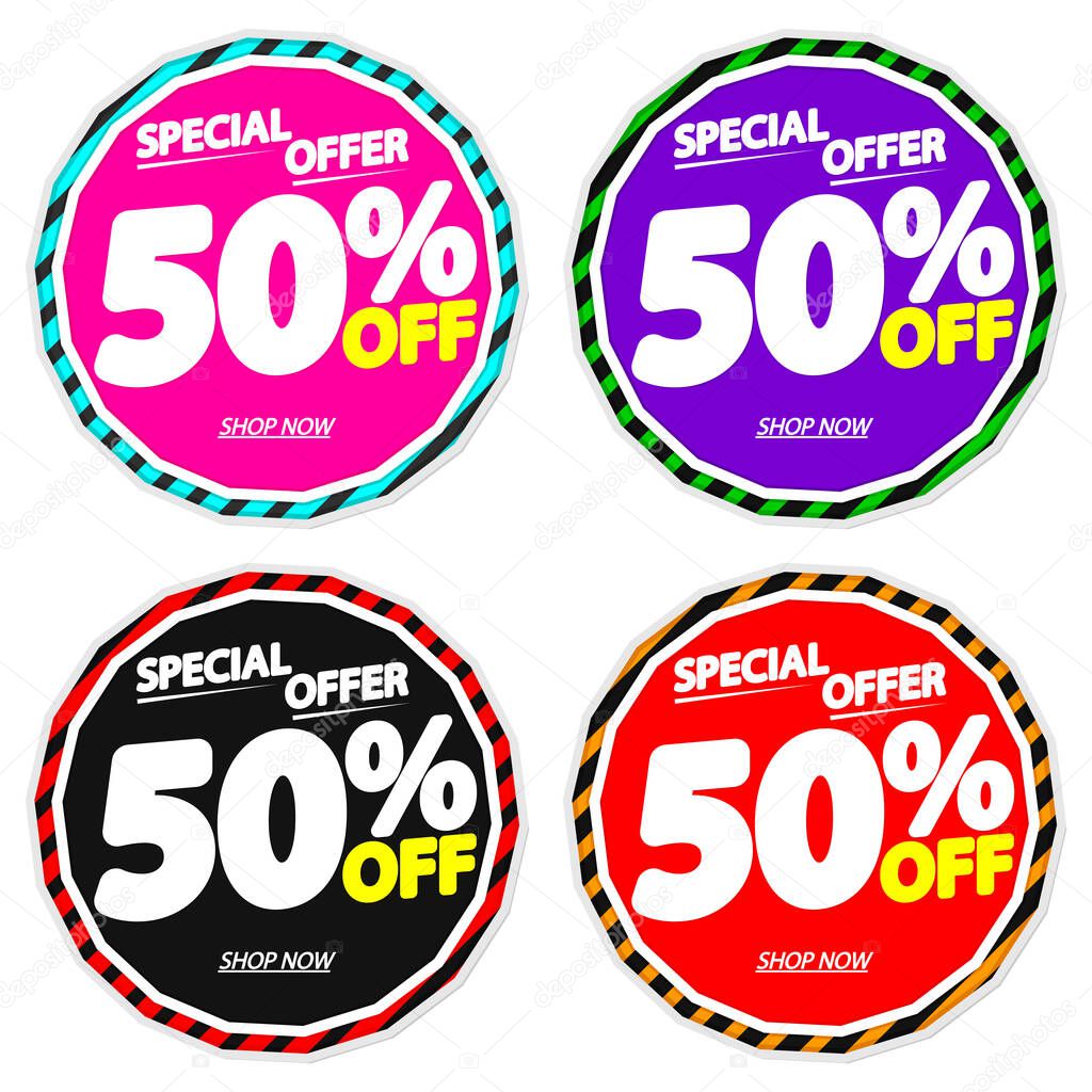 Set Sale 50% off banners, discount tags design template, vector illustration