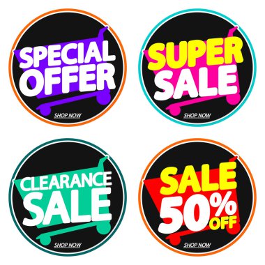 İndirim pankartları tasarım şablonu, indirim etiketleri, uygulama simgeleri, vektör illüstrasyonunu ayarla 