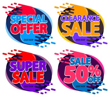 İndirim pankartları tasarım şablonu, indirim etiketleri, uygulama simgeleri, vektör illüstrasyonunu ayarla 