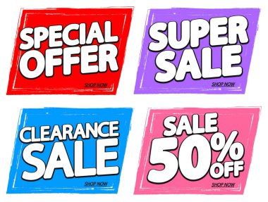 İndirim pankartları tasarım şablonu, indirim etiketleri, uygulama simgeleri, vektör illüstrasyonunu ayarla 