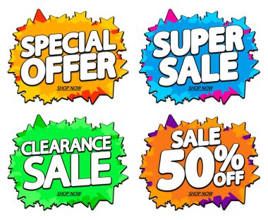 İndirim pankartları tasarım şablonu, indirim etiketleri, uygulama simgeleri, vektör illüstrasyonunu ayarla 