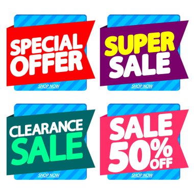 İndirim pankartları tasarım şablonu, indirim etiketleri, uygulama simgeleri, vektör illüstrasyonunu ayarla 