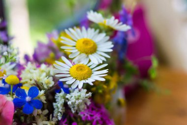 Papatya çayı. Bir buket çiçek. Güzel bir arka plan.