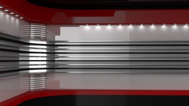 TV Stüdyosu. Duvardaki televizyon programları için zemin. Haber stüdyosu. Herhangi bir yeşil ekran, krom anahtar video veya fotoğraf çekimi için mükemmel bir zemin. 3B görüntüleme.