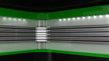 TV Stüdyosu. Televizyon programları için arka plan. Haber stüdyosu. Herhangi bir yeşil ekran, krom anahtar video veya fotoğraf çekimi için mükemmel bir zemin. 3B görüntüleme.